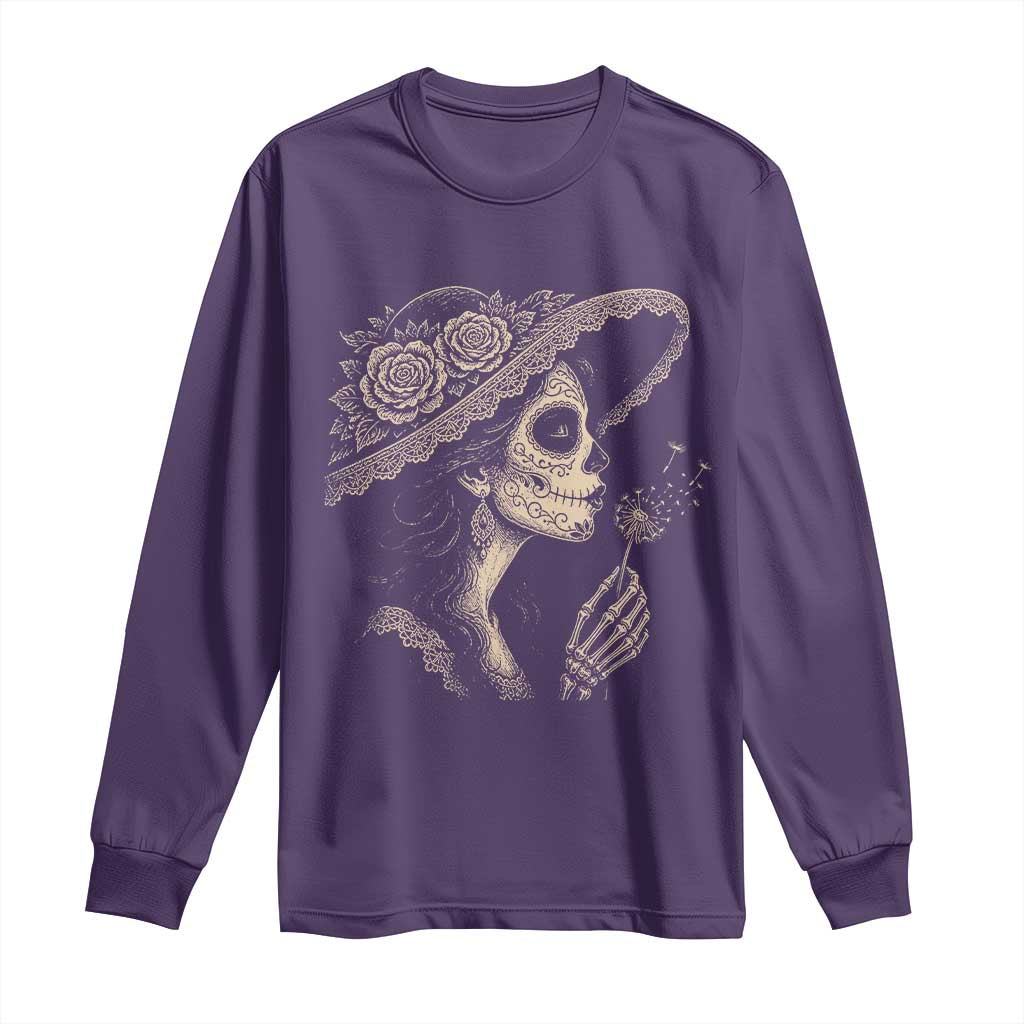 Vintage Dia de los Muertos Catrina Portrait Graphic Long Sleeve Shirt Gothic Sugar Skull Woman Blowing Dandelion TS02 Purple Print Your Wear