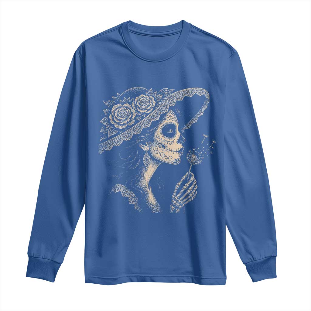Vintage Dia de los Muertos Catrina Portrait Graphic Long Sleeve Shirt Gothic Sugar Skull Woman Blowing Dandelion TS02 Royal Blue Print Your Wear