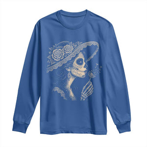 Vintage Dia de los Muertos Catrina Portrait Graphic Long Sleeve Shirt Gothic Sugar Skull Woman Blowing Dandelion TS02 Royal Blue Print Your Wear