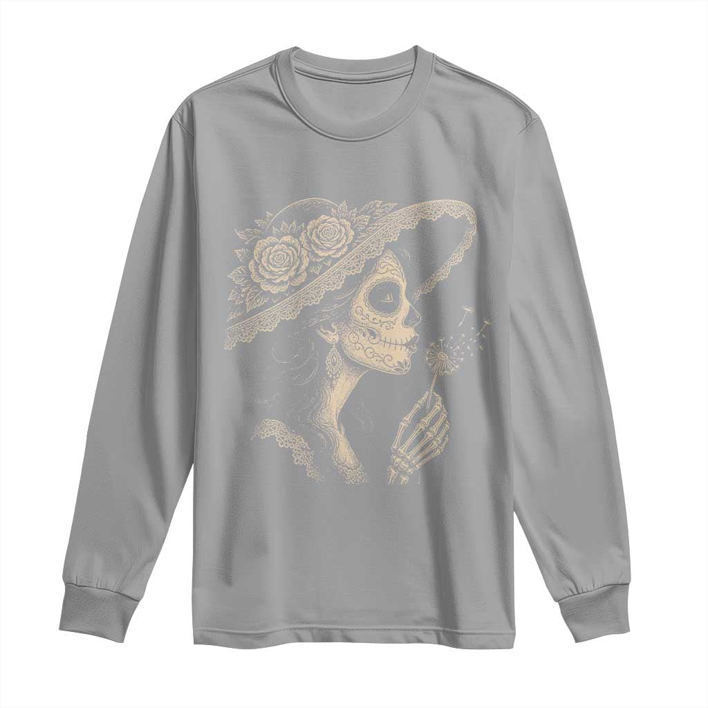 Vintage Dia de los Muertos Catrina Portrait Graphic Long Sleeve Shirt Gothic Sugar Skull Woman Blowing Dandelion TS02 Sport Gray Print Your Wear