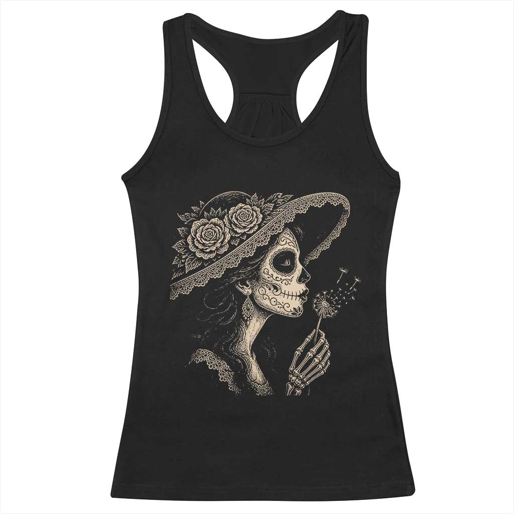 Vintage Dia de los Muertos Catrina Portrait Graphic Racerback Tank Top Gothic Sugar Skull Woman Blowing Dandelion TS02 Black Print Your Wear