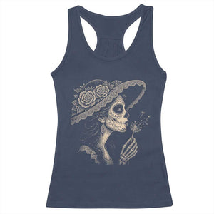 Vintage Dia de los Muertos Catrina Portrait Graphic Racerback Tank Top Gothic Sugar Skull Woman Blowing Dandelion