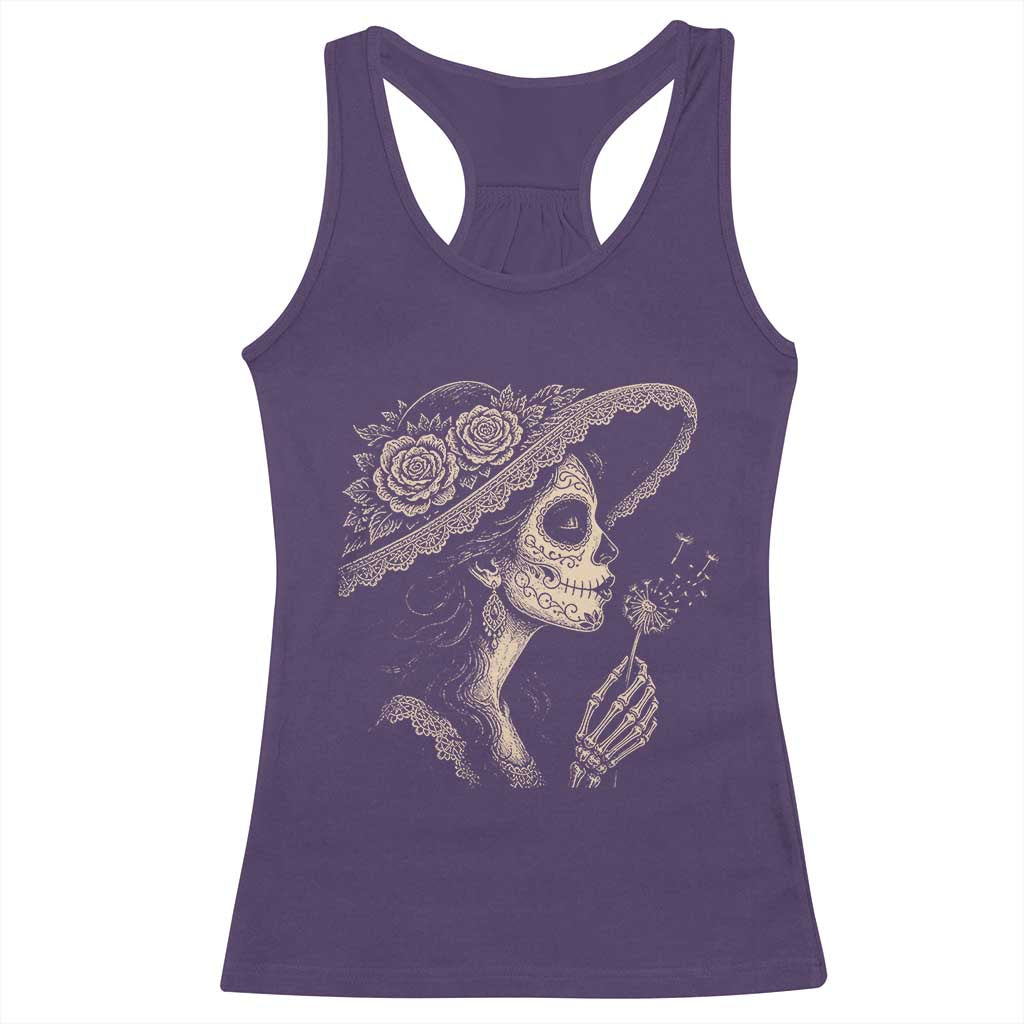 Vintage Dia de los Muertos Catrina Portrait Graphic Racerback Tank Top Gothic Sugar Skull Woman Blowing Dandelion