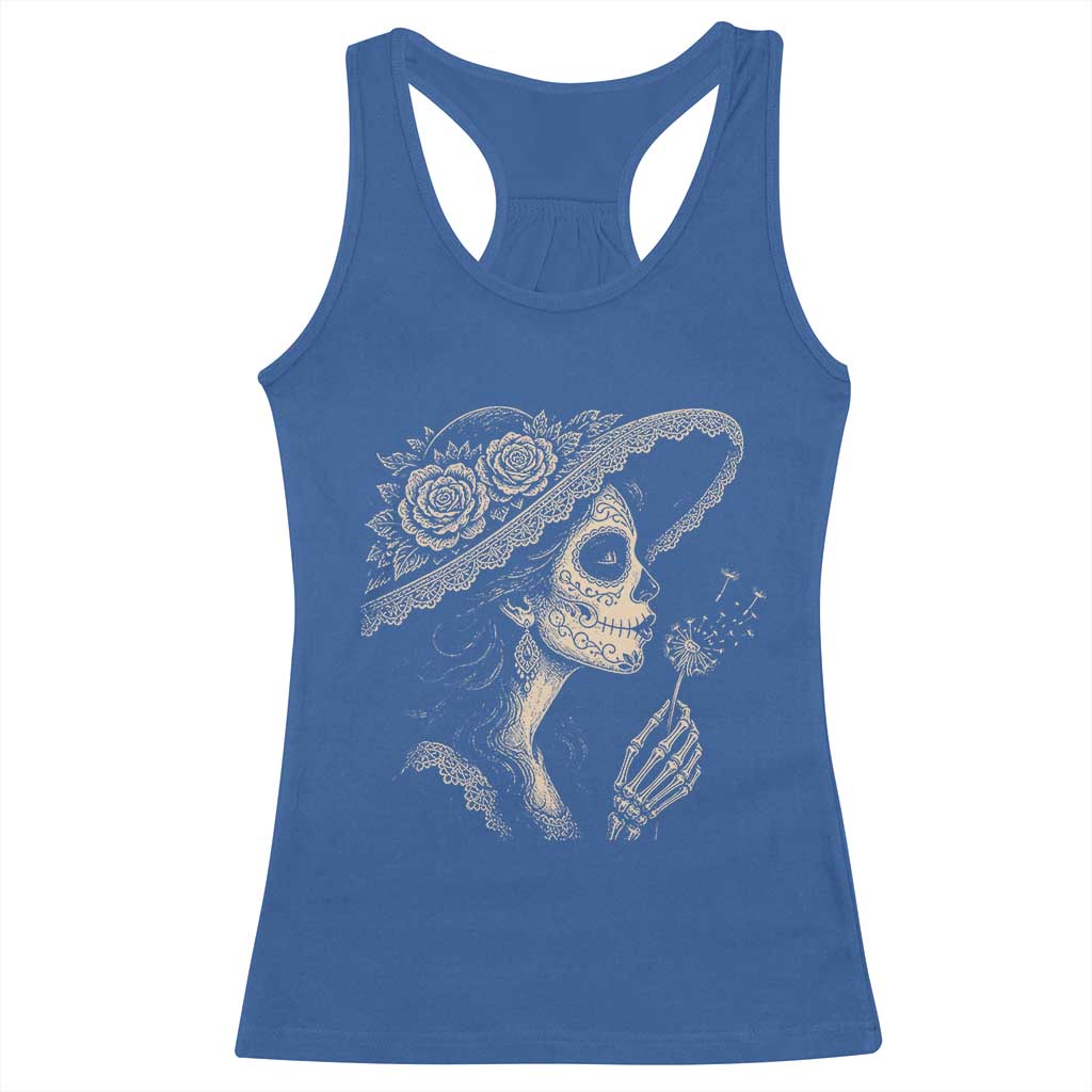Vintage Dia de los Muertos Catrina Portrait Graphic Racerback Tank Top Gothic Sugar Skull Woman Blowing Dandelion