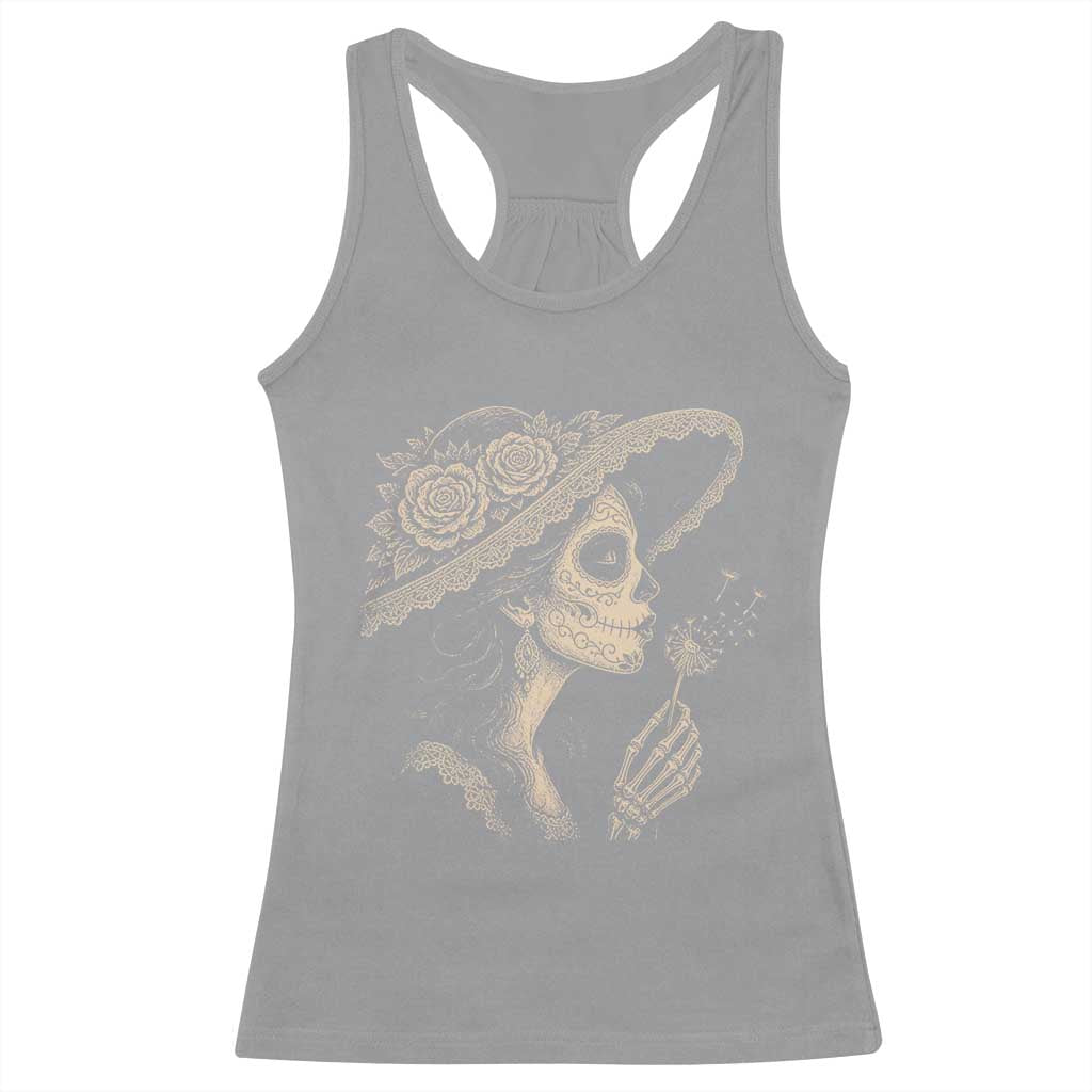 Vintage Dia de los Muertos Catrina Portrait Graphic Racerback Tank Top Gothic Sugar Skull Woman Blowing Dandelion