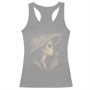 Vintage Dia de los Muertos Catrina Portrait Graphic Racerback Tank Top Gothic Sugar Skull Woman Blowing Dandelion