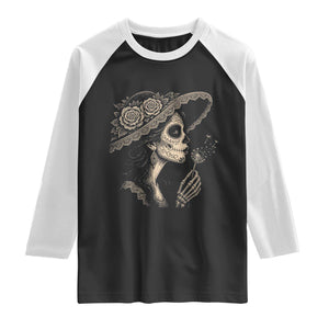 Vintage Dia de los Muertos Catrina Portrait Graphic Raglan Shirt Gothic Sugar Skull Woman Blowing Dandelion TS02 Black White Print Your Wear