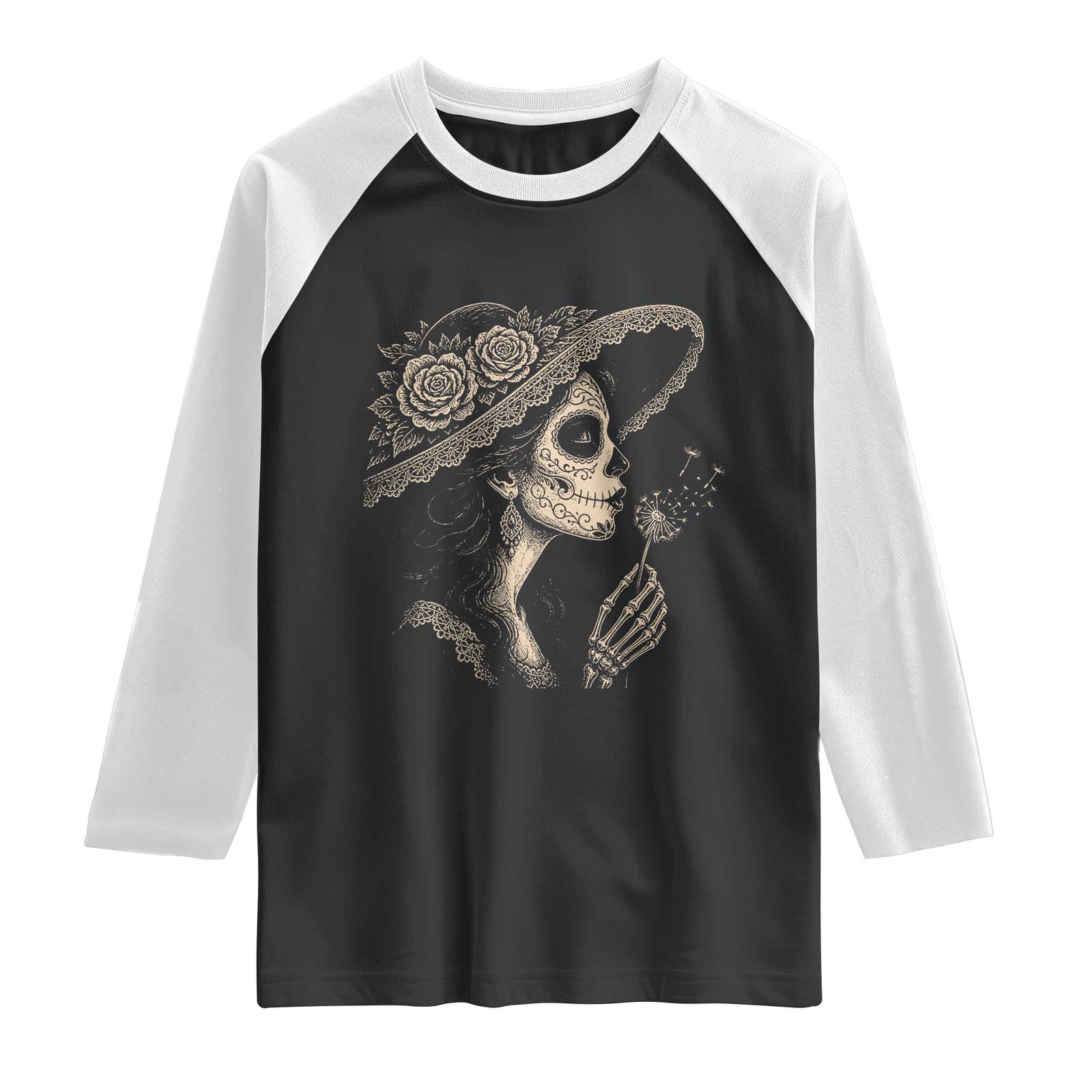 Vintage Dia de los Muertos Catrina Portrait Graphic Raglan Shirt Gothic Sugar Skull Woman Blowing Dandelion TS02 Black White Print Your Wear