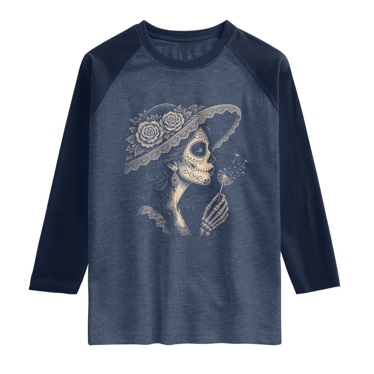 Vintage Dia de los Muertos Catrina Portrait Graphic Raglan Shirt Gothic Sugar Skull Woman Blowing Dandelion TS02 Heather Denim Navy Print Your Wear