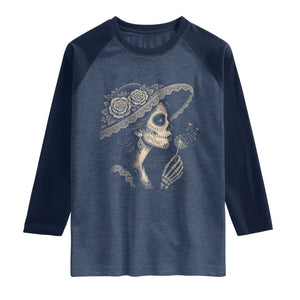 Vintage Dia de los Muertos Catrina Portrait Graphic Raglan Shirt Gothic Sugar Skull Woman Blowing Dandelion TS02 Heather Denim Navy Print Your Wear