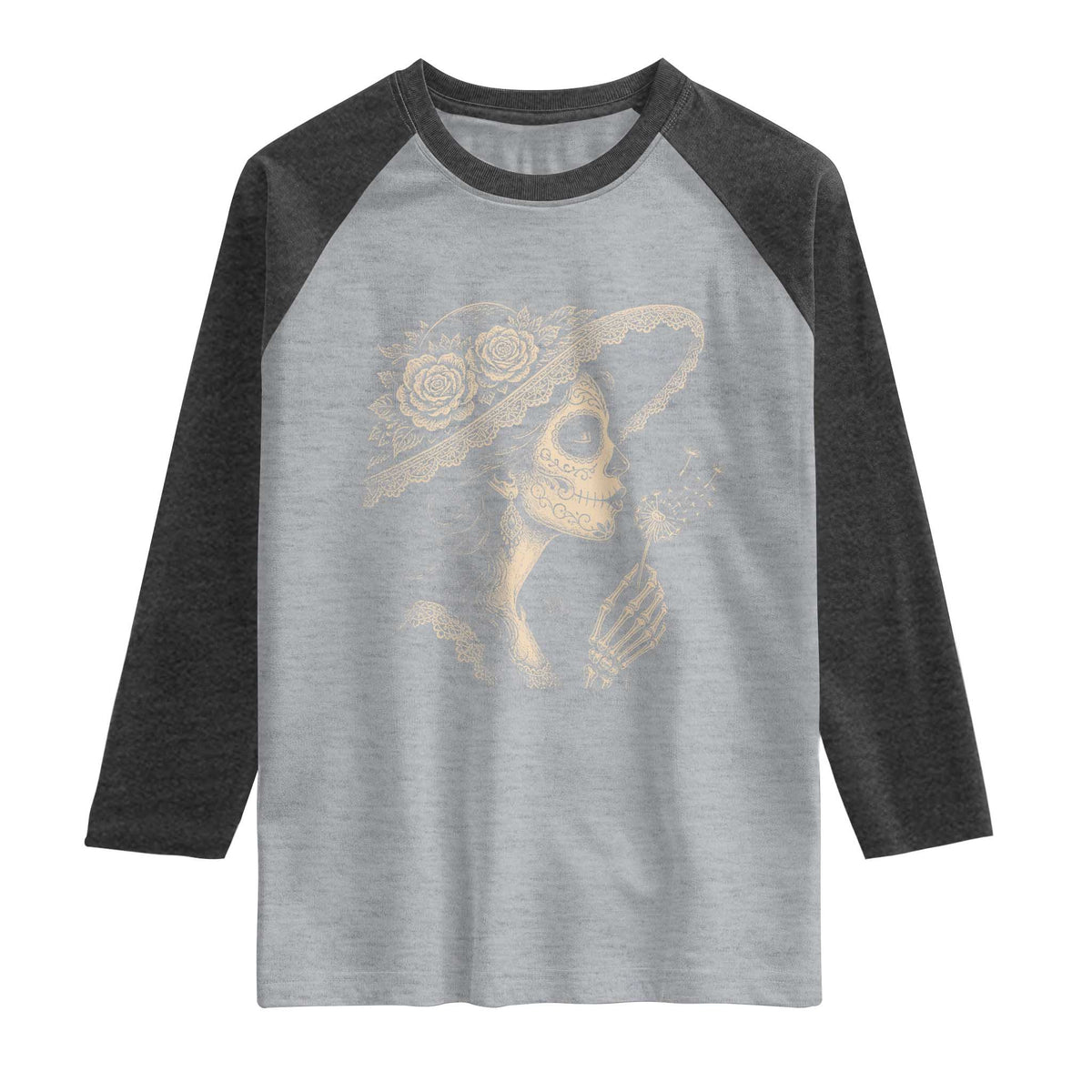 Vintage Dia de los Muertos Catrina Portrait Graphic Raglan Shirt Gothic Sugar Skull Woman Blowing Dandelion TS02 Heather Gray Heather Charcoal Print Your Wear