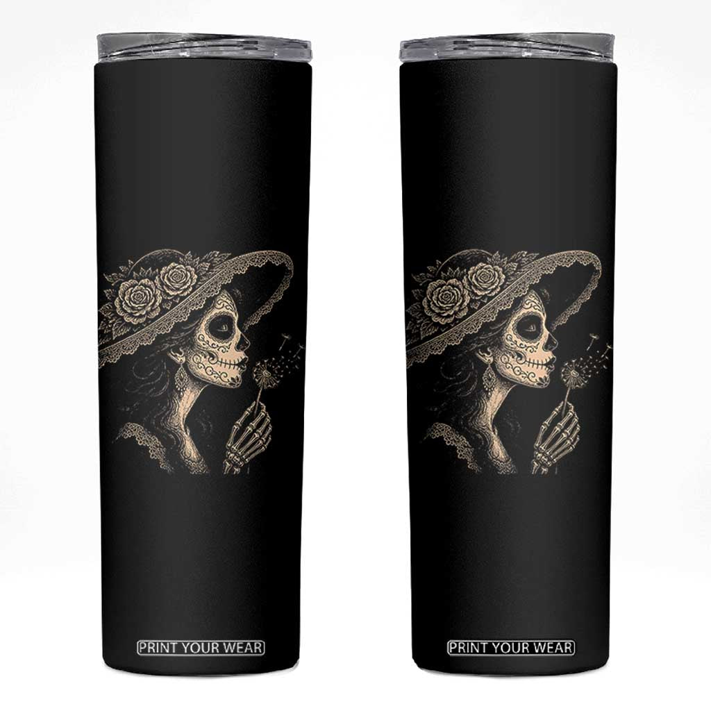Vintage Dia de los Muertos Catrina Portrait Graphic Skinny Tumbler Gothic Sugar Skull Woman Blowing Dandelion TS02 Black Print Your Wear