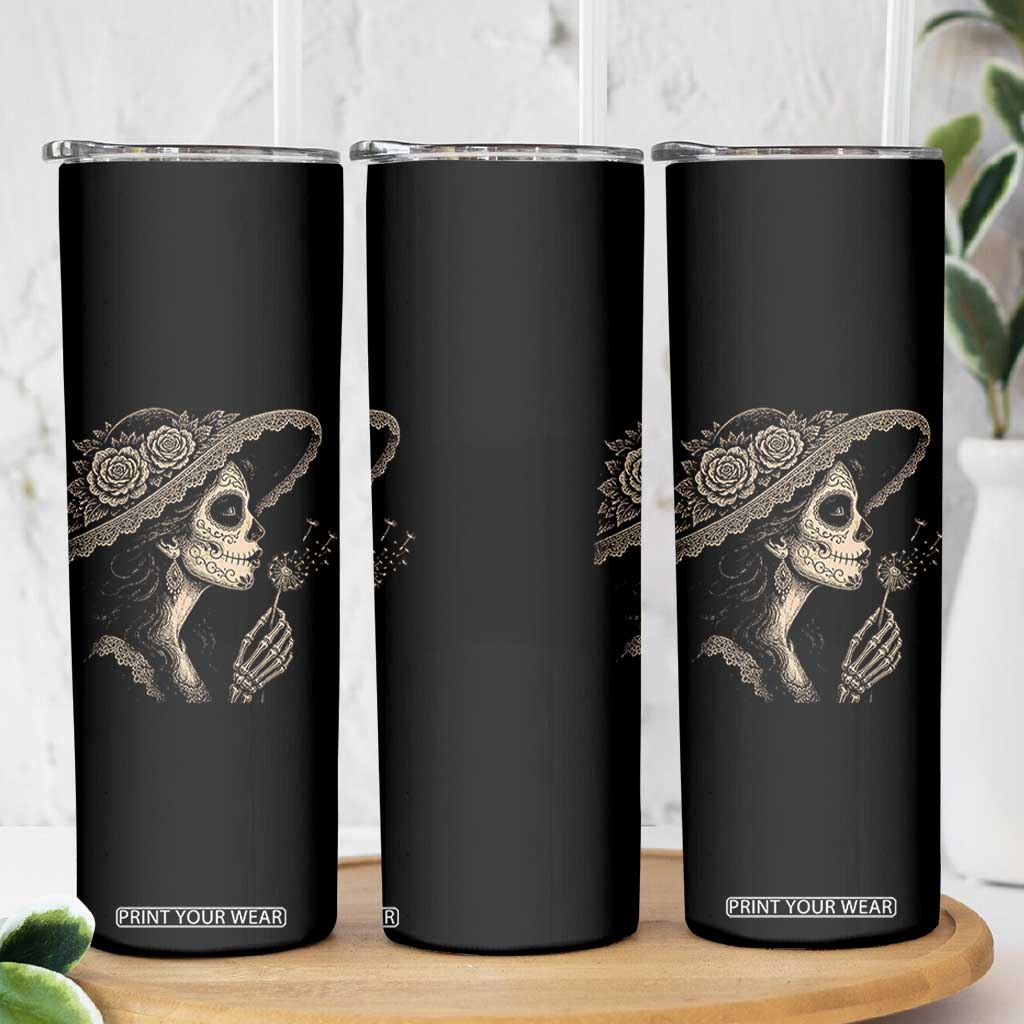 Vintage Dia de los Muertos Catrina Portrait Graphic Skinny Tumbler Gothic Sugar Skull Woman Blowing Dandelion TS02 Print Your Wear