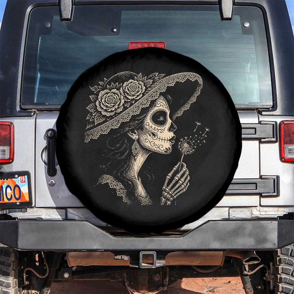 Vintage Dia de los Muertos Catrina Portrait Graphic Spare Tire Cover Gothic Sugar Skull Woman Blowing Dandelion TS02 No hole Black Print Your Wear