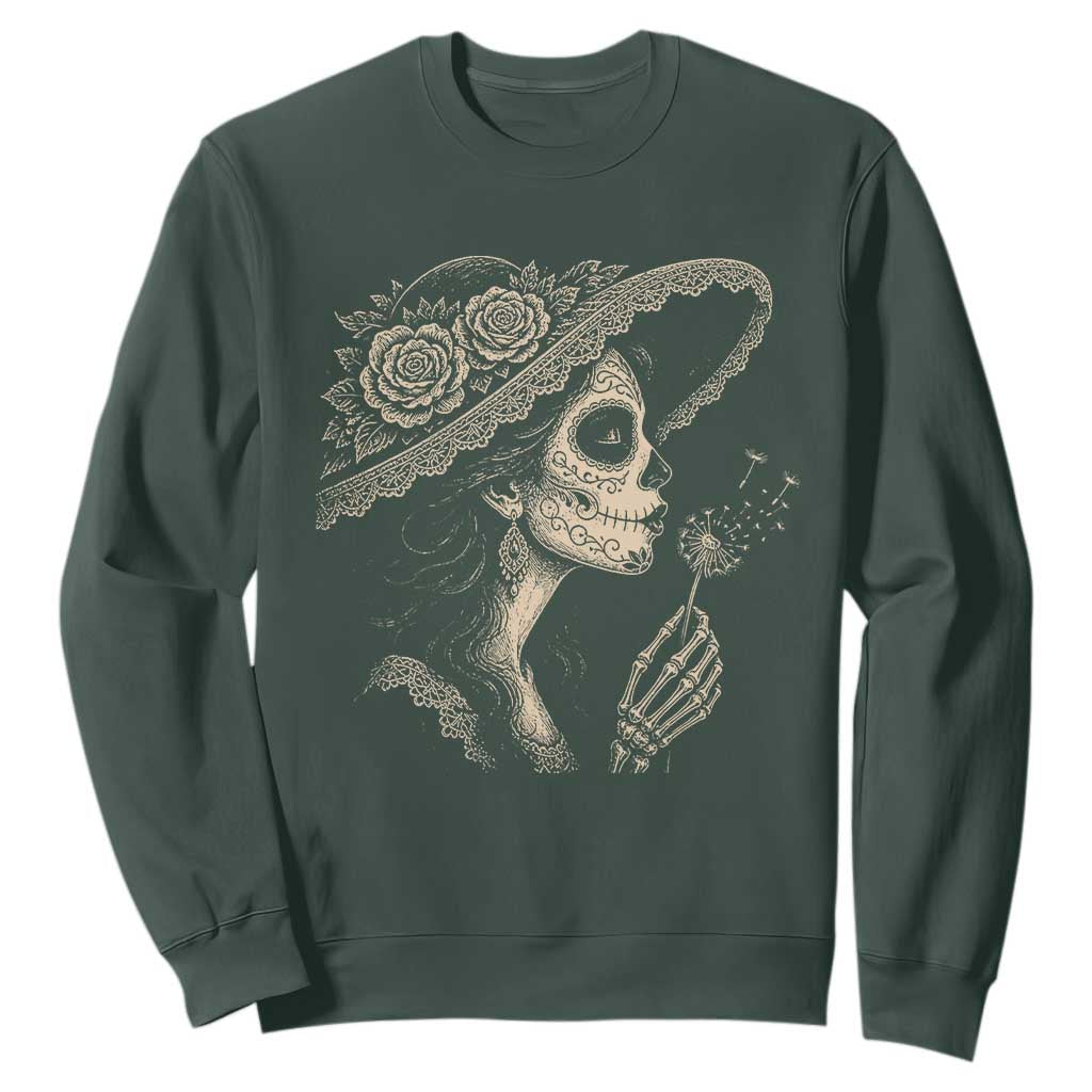 Vintage Dia de los Muertos Catrina Portrait Graphic Sweatshirt Gothic Sugar Skull Woman Blowing Dandelion TS02 Dark Forest Green Print Your Wear