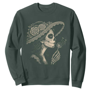 Vintage Dia de los Muertos Catrina Portrait Graphic Sweatshirt Gothic Sugar Skull Woman Blowing Dandelion TS02 Dark Forest Green Print Your Wear