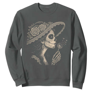 Vintage Dia de los Muertos Catrina Portrait Graphic Sweatshirt Gothic Sugar Skull Woman Blowing Dandelion TS02 Dark Heather Print Your Wear