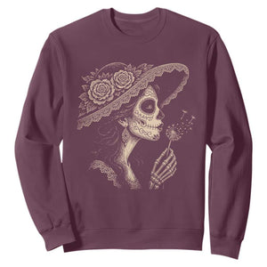 Vintage Dia de los Muertos Catrina Portrait Graphic Sweatshirt Gothic Sugar Skull Woman Blowing Dandelion TS02 Maroon Print Your Wear