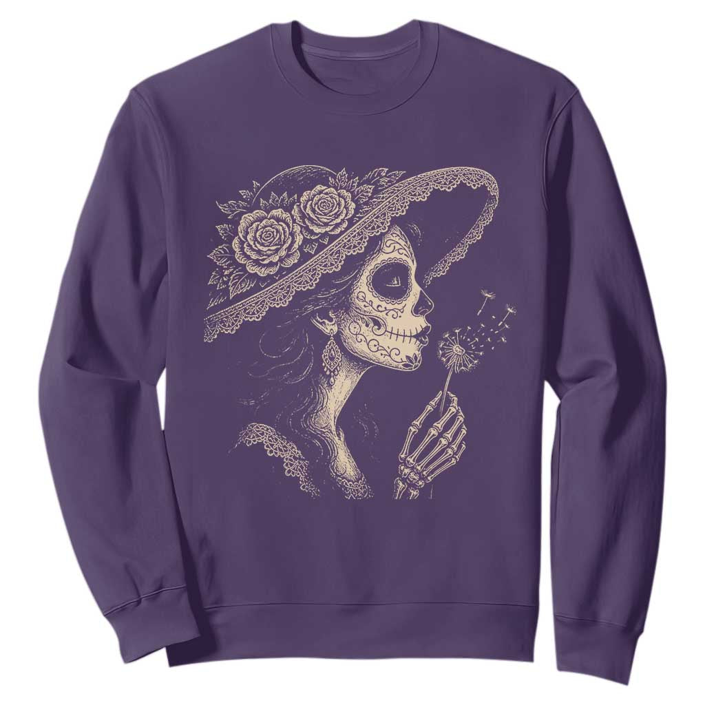 Vintage Dia de los Muertos Catrina Portrait Graphic Sweatshirt Gothic Sugar Skull Woman Blowing Dandelion TS02 Purple Print Your Wear
