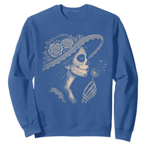 Vintage Dia de los Muertos Catrina Portrait Graphic Sweatshirt Gothic Sugar Skull Woman Blowing Dandelion TS02 Royal Blue Print Your Wear