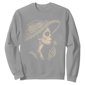 Vintage Dia de los Muertos Catrina Portrait Graphic Sweatshirt Gothic Sugar Skull Woman Blowing Dandelion TS02 Sport Gray Print Your Wear