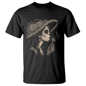 Vintage Dia de los Muertos Catrina Portrait Graphic T Shirt Gothic Sugar Skull Woman Blowing Dandelion TS02 Black Print Your Wear