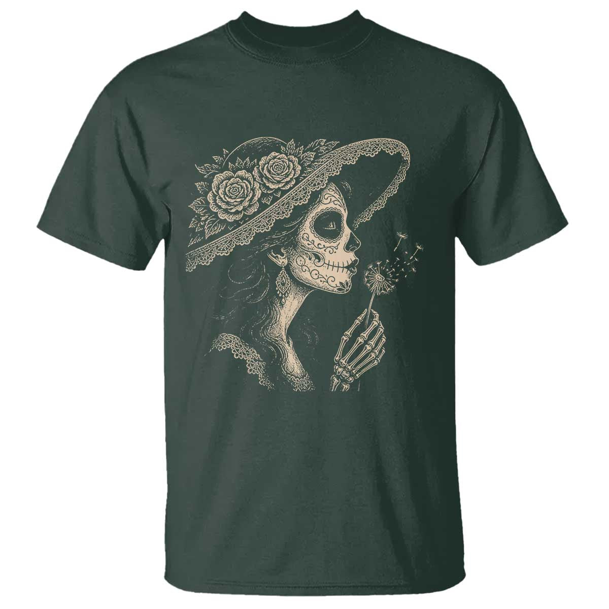 Vintage Dia de los Muertos Catrina Portrait Graphic T Shirt Gothic Sugar Skull Woman Blowing Dandelion TS02 Dark Forest Green Print Your Wear