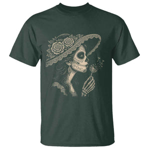 Vintage Dia de los Muertos Catrina Portrait Graphic T Shirt Gothic Sugar Skull Woman Blowing Dandelion TS02 Dark Forest Green Print Your Wear