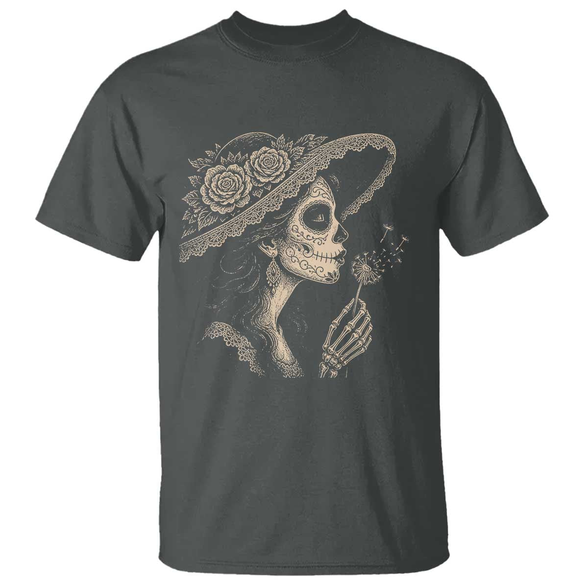Vintage Dia de los Muertos Catrina Portrait Graphic T Shirt Gothic Sugar Skull Woman Blowing Dandelion TS02 Dark Heather Print Your Wear