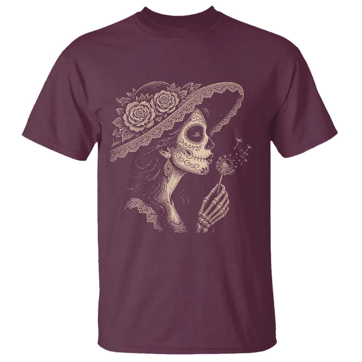 Vintage Dia de los Muertos Catrina Portrait Graphic T Shirt Gothic Sugar Skull Woman Blowing Dandelion TS02 Maroon Print Your Wear
