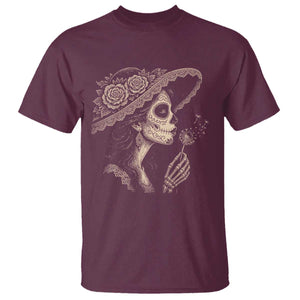 Vintage Dia de los Muertos Catrina Portrait Graphic T Shirt Gothic Sugar Skull Woman Blowing Dandelion TS02 Maroon Print Your Wear