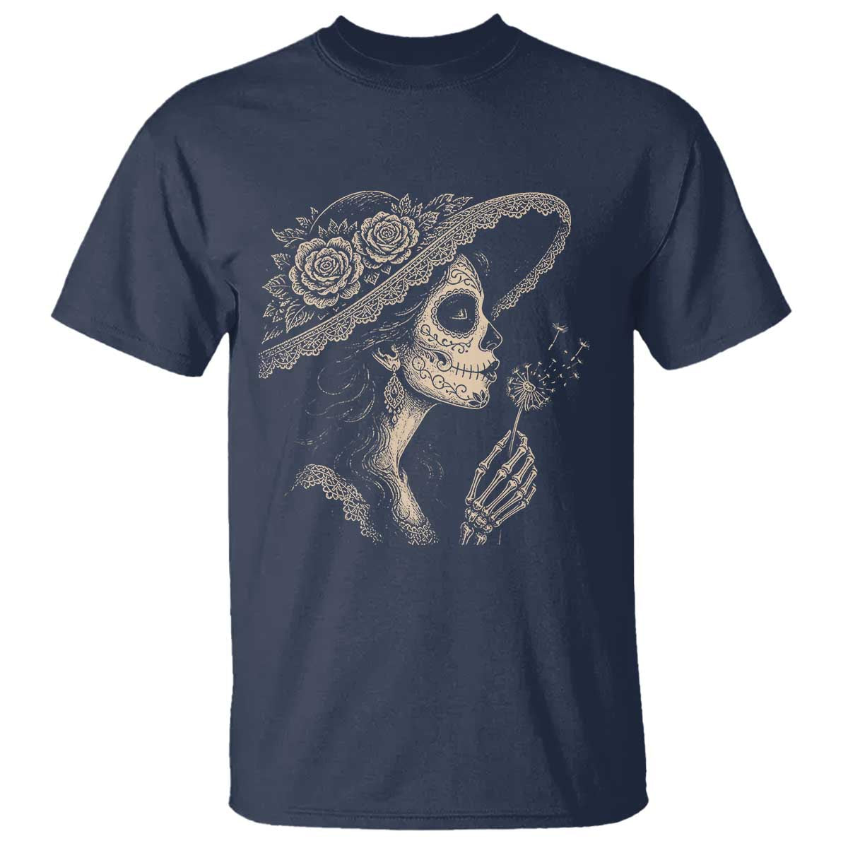 Vintage Dia de los Muertos Catrina Portrait Graphic T Shirt Gothic Sugar Skull Woman Blowing Dandelion TS02 Navy Print Your Wear