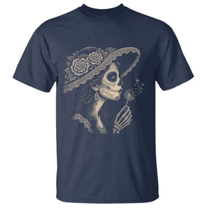 Vintage Dia de los Muertos Catrina Portrait Graphic T Shirt Gothic Sugar Skull Woman Blowing Dandelion TS02 Navy Print Your Wear