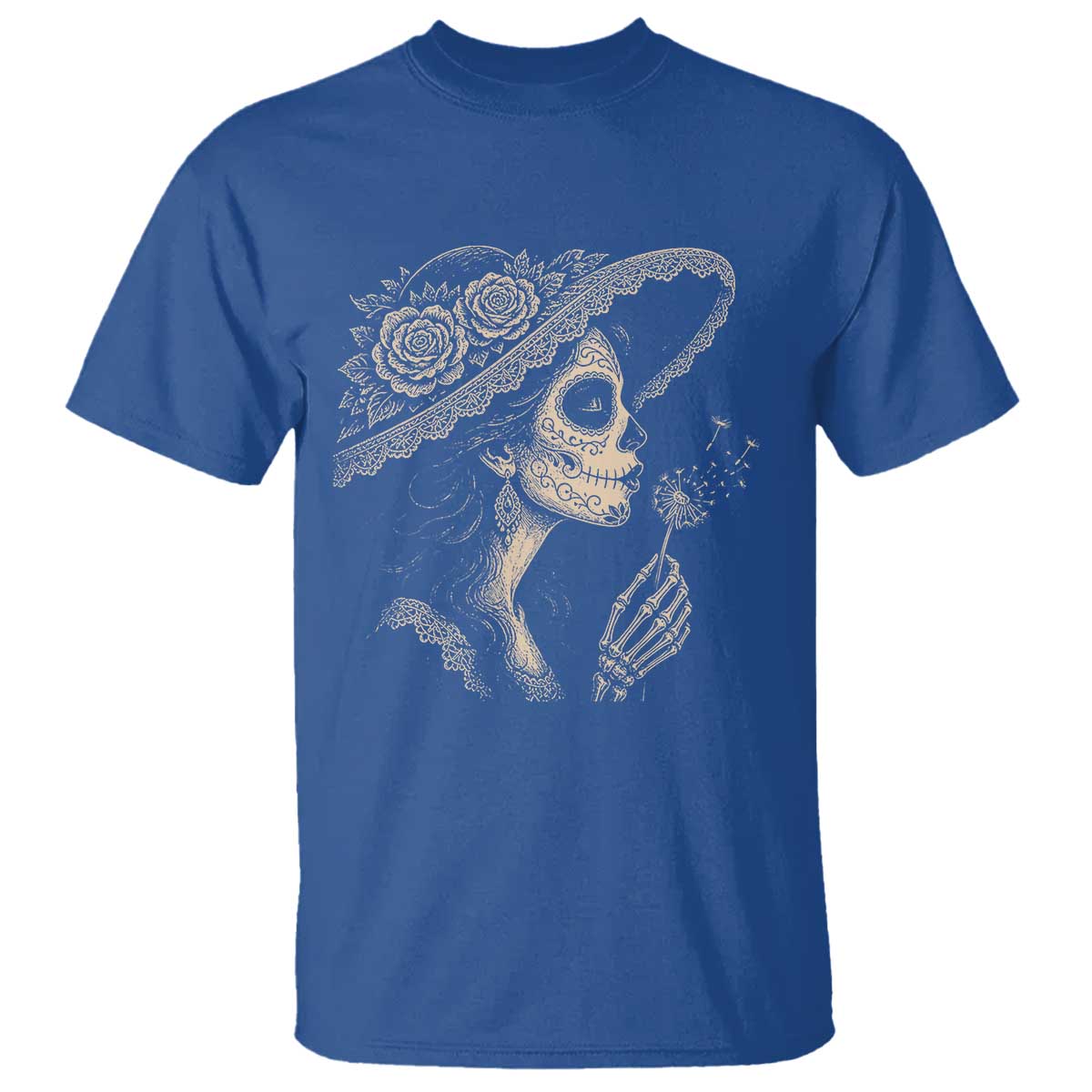 Vintage Dia de los Muertos Catrina Portrait Graphic T Shirt Gothic Sugar Skull Woman Blowing Dandelion TS02 Royal Blue Print Your Wear