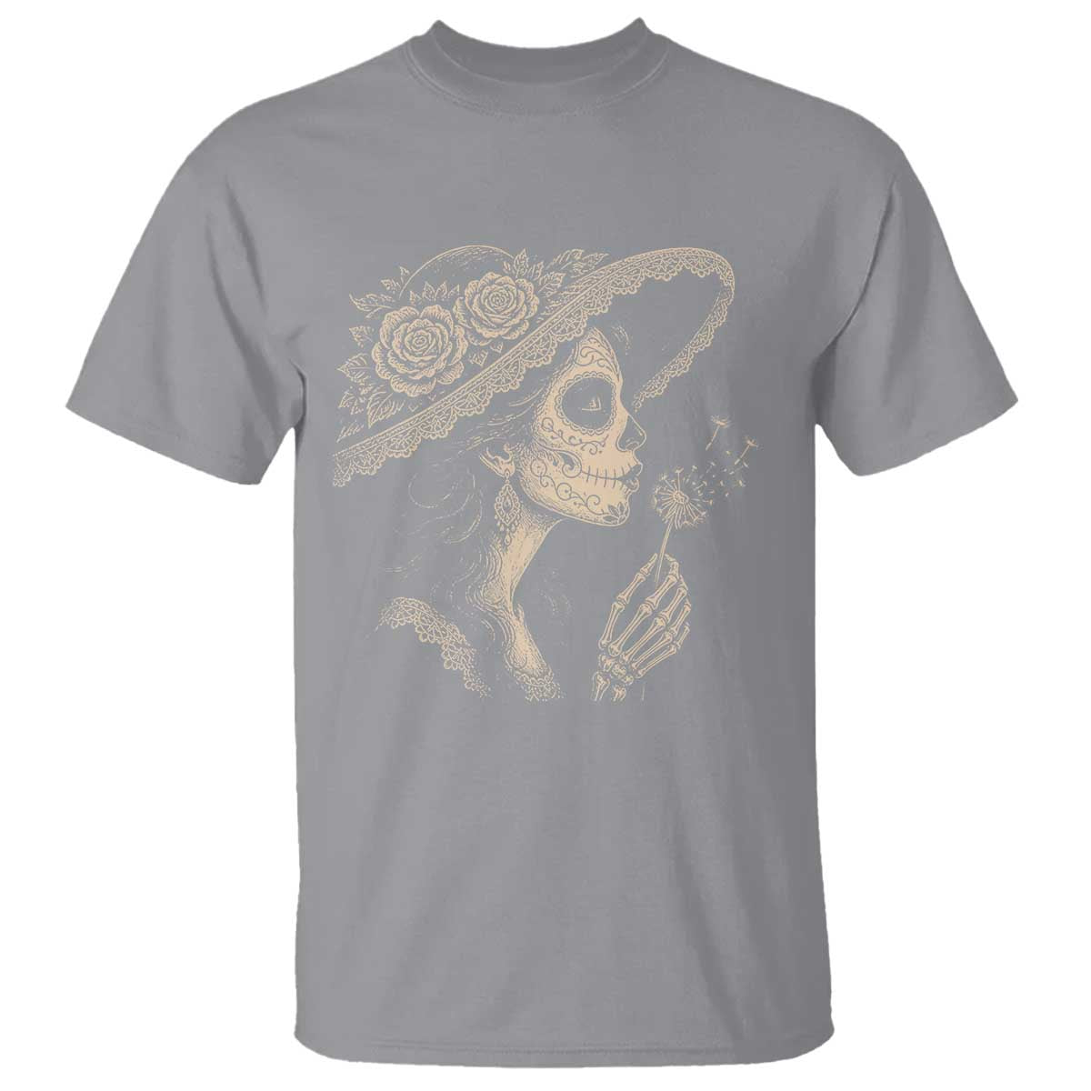 Vintage Dia de los Muertos Catrina Portrait Graphic T Shirt Gothic Sugar Skull Woman Blowing Dandelion TS02 Sport Gray Print Your Wear