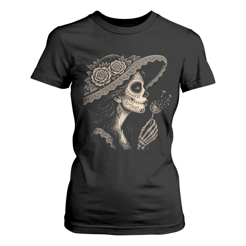 Vintage Dia de los Muertos Catrina Portrait Graphic T Shirt For Women Gothic Sugar Skull Woman Blowing Dandelion TS02 Black Print Your Wear