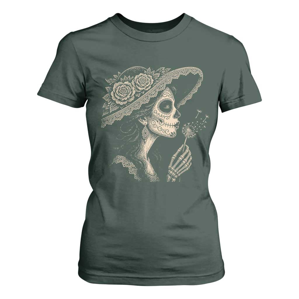 Vintage Dia de los Muertos Catrina Portrait Graphic T Shirt For Women Gothic Sugar Skull Woman Blowing Dandelion TS02 Dark Forest Green Print Your Wear