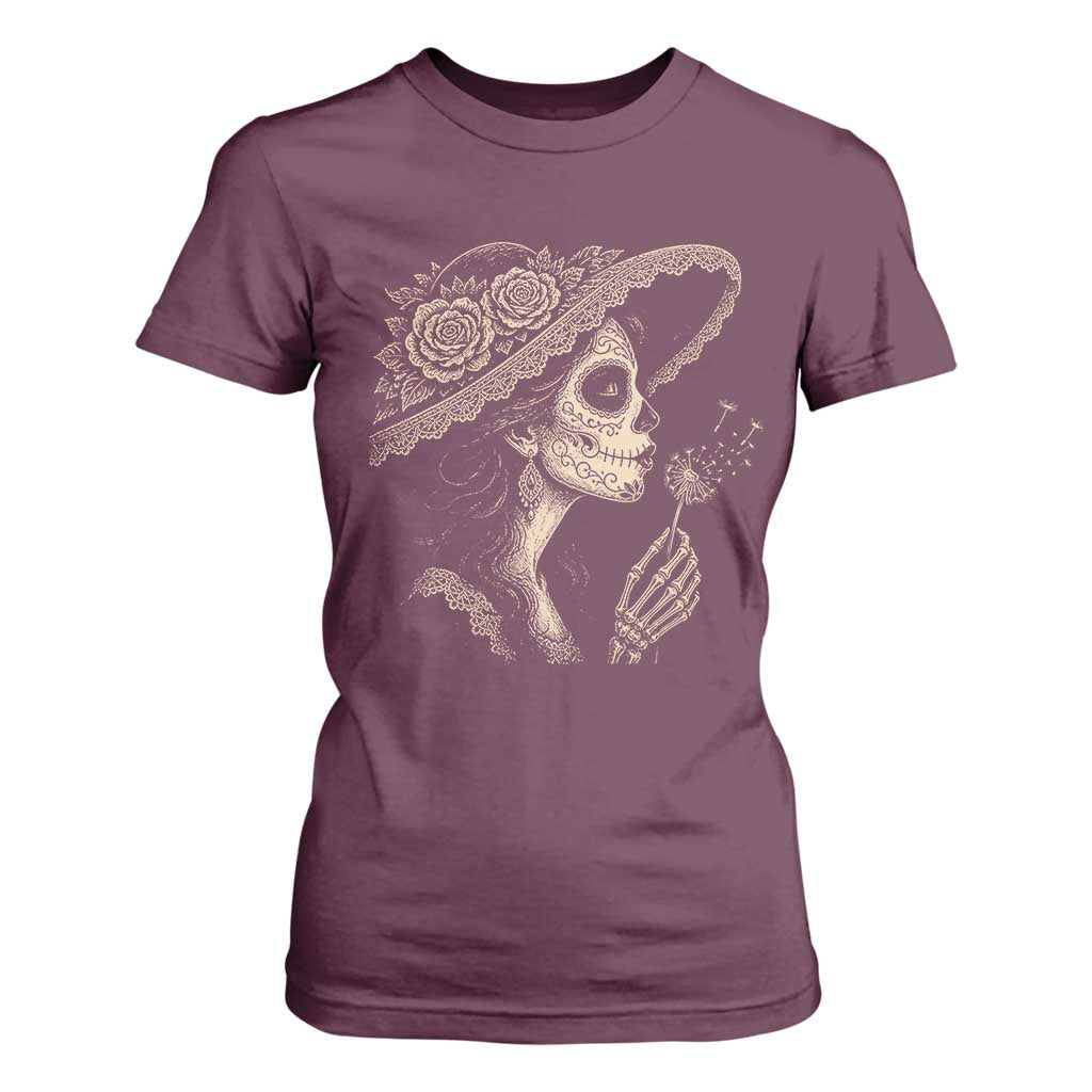 Vintage Dia de los Muertos Catrina Portrait Graphic T Shirt For Women Gothic Sugar Skull Woman Blowing Dandelion TS02 Maroon Print Your Wear