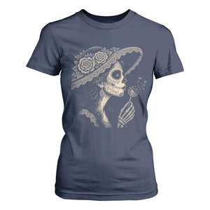 Vintage Dia de los Muertos Catrina Portrait Graphic T Shirt For Women Gothic Sugar Skull Woman Blowing Dandelion TS02 Navy Print Your Wear