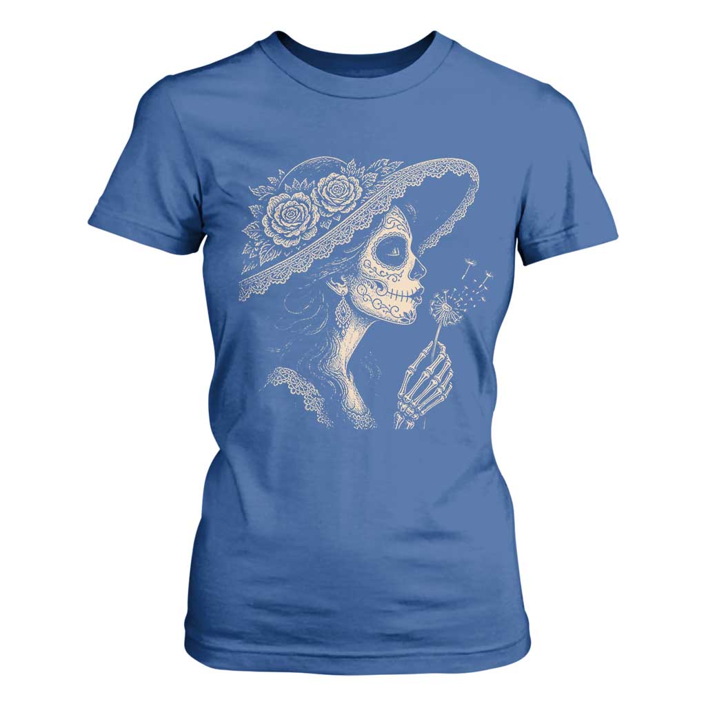 Vintage Dia de los Muertos Catrina Portrait Graphic T Shirt For Women Gothic Sugar Skull Woman Blowing Dandelion TS02 Royal Blue Print Your Wear