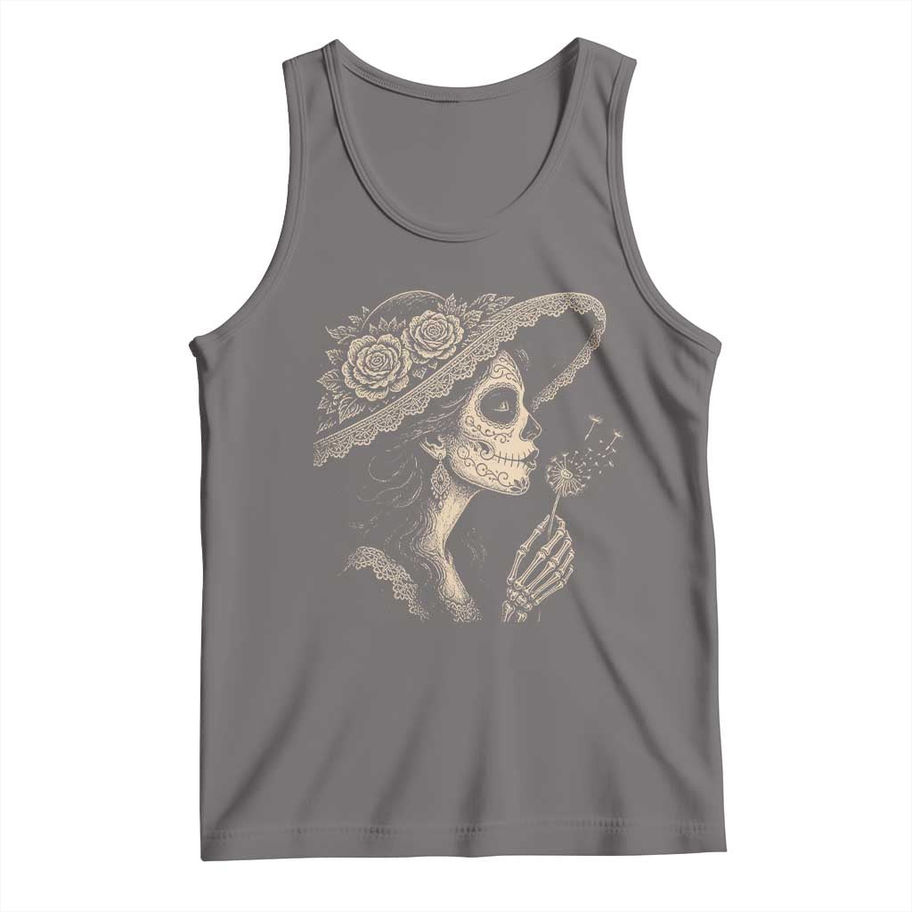 Vintage Dia de los Muertos Catrina Portrait Graphic Tank Top Gothic Sugar Skull Woman Blowing Dandelion TS02 Deep Heather Print Your Wear