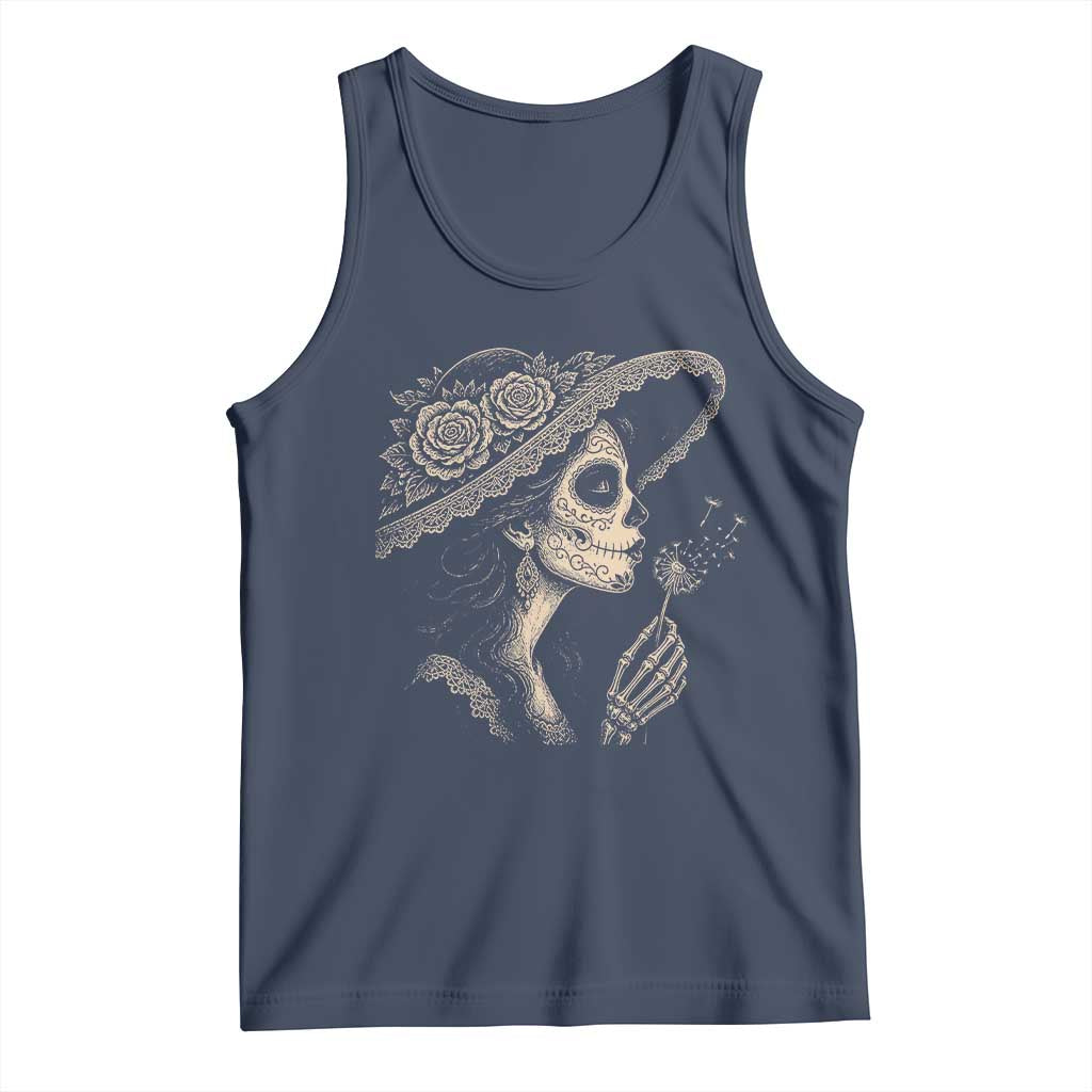 Vintage Dia de los Muertos Catrina Portrait Graphic Tank Top Gothic Sugar Skull Woman Blowing Dandelion TS02 Navy Print Your Wear