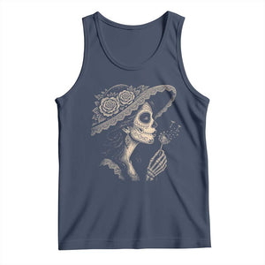 Vintage Dia de los Muertos Catrina Portrait Graphic Tank Top Gothic Sugar Skull Woman Blowing Dandelion TS02 Navy Print Your Wear