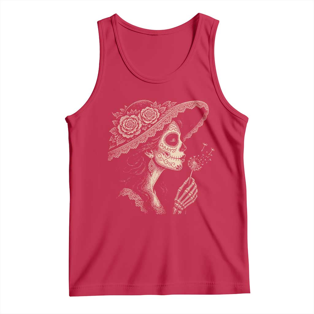 Vintage Dia de los Muertos Catrina Portrait Graphic Tank Top Gothic Sugar Skull Woman Blowing Dandelion TS02 Red Print Your Wear