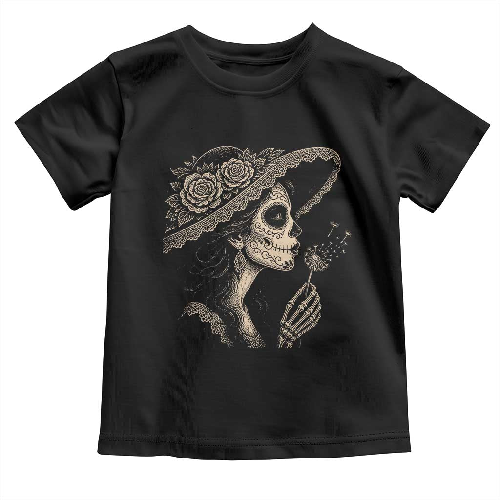 Vintage Dia de los Muertos Catrina Portrait Graphic Toddler T Shirt Gothic Sugar Skull Woman Blowing Dandelion TS02 Black Print Your Wear