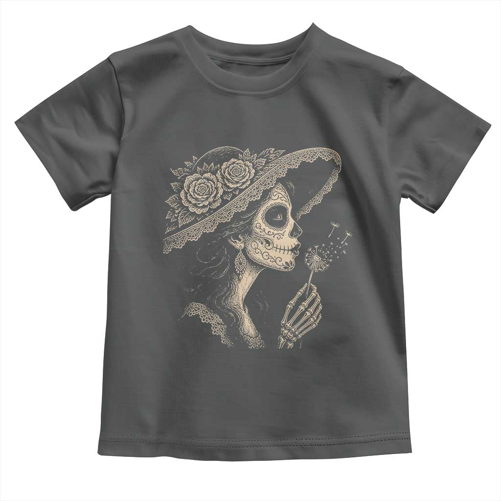 Vintage Dia de los Muertos Catrina Portrait Graphic Toddler T Shirt Gothic Sugar Skull Woman Blowing Dandelion TS02 Dark Heather Print Your Wear