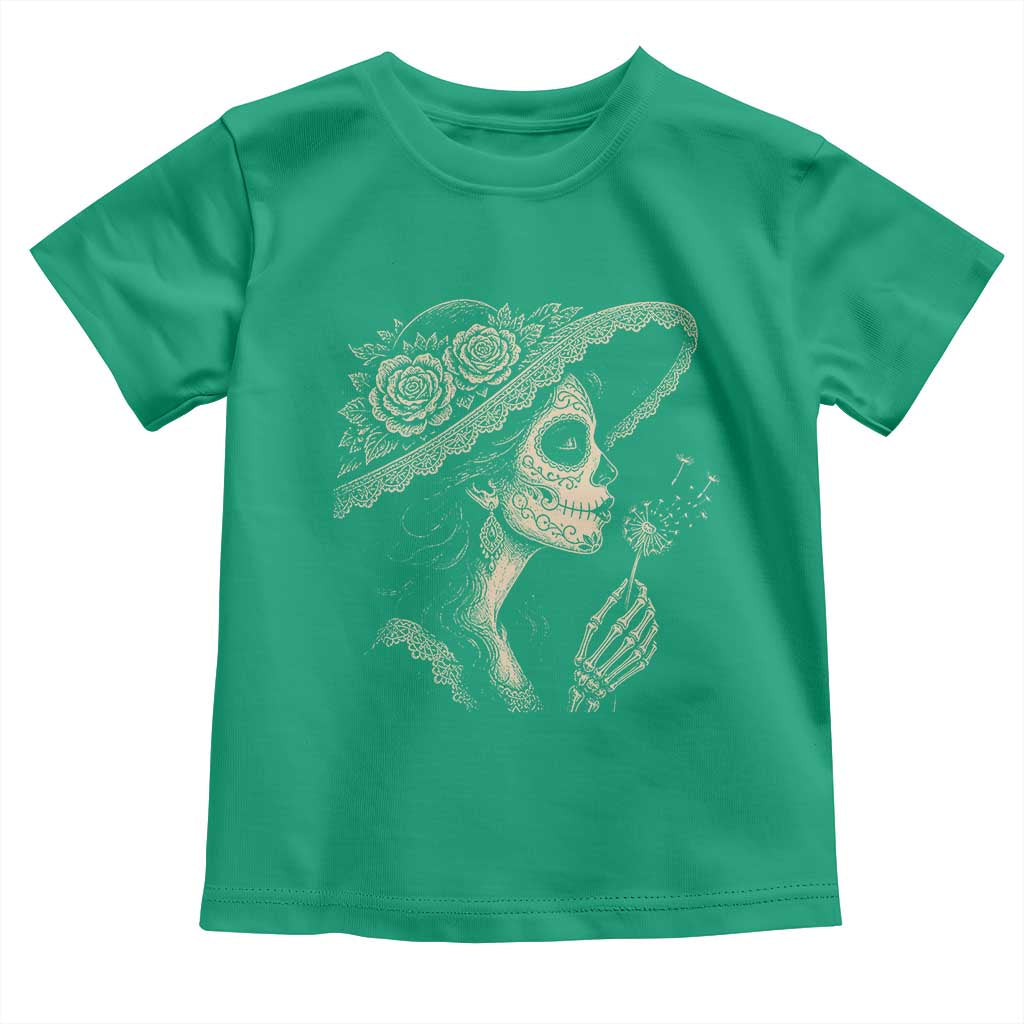 Vintage Dia de los Muertos Catrina Portrait Graphic Toddler T Shirt Gothic Sugar Skull Woman Blowing Dandelion TS02 Irish Green Print Your Wear