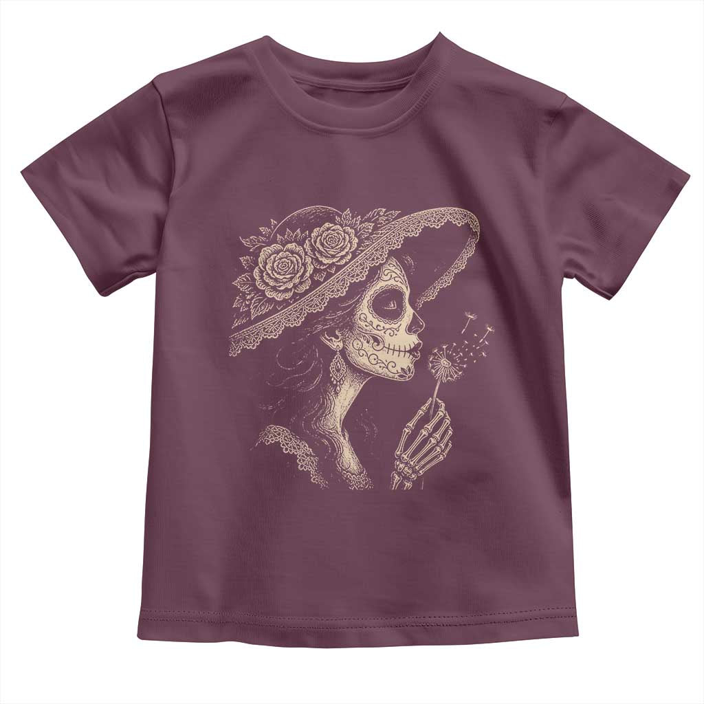 Vintage Dia de los Muertos Catrina Portrait Graphic Toddler T Shirt Gothic Sugar Skull Woman Blowing Dandelion TS02 Maroon Print Your Wear