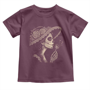 Vintage Dia de los Muertos Catrina Portrait Graphic Toddler T Shirt Gothic Sugar Skull Woman Blowing Dandelion TS02 Maroon Print Your Wear