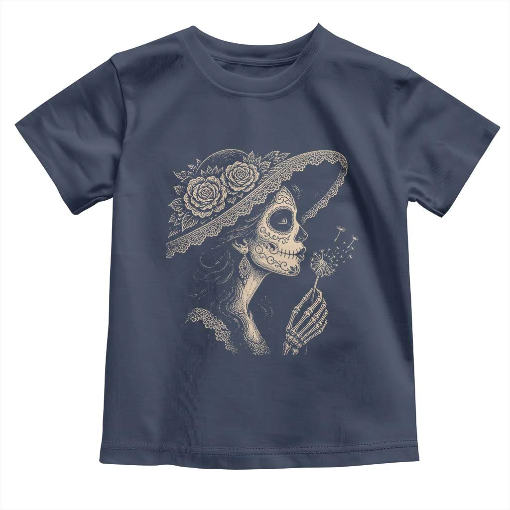 Vintage Dia de los Muertos Catrina Portrait Graphic Toddler T Shirt Gothic Sugar Skull Woman Blowing Dandelion TS02 Navy Print Your Wear